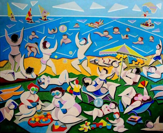 Reznikov Yosef. Colorful musical composition. On the beach. 2004. Original Art. Mixed Media on Canvas. Signed. 100x120cm
