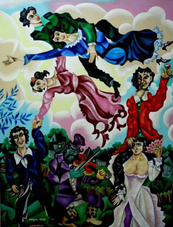 Reznikov Yosef. Composition. Motives of artist Marc Chagall. Original Art. Mixed Media on Canvas. Signed. 150x200cm