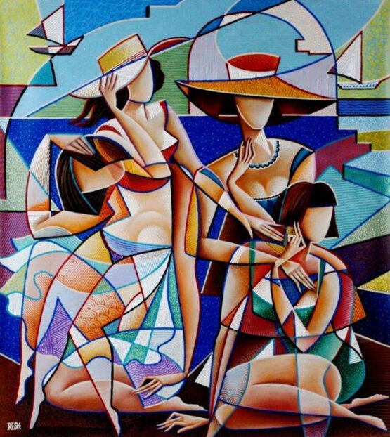Reznikov Yosef. Women on the Beach. Original Art. Mixed Media on Canvas. Signed. 99x111cm