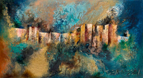 Ora Nissim - Jerusalem's Walls Lithography on fabric. Modern Judaica. Quality print on canvas. Manually Signed and numbered. 120 X 65 cm.