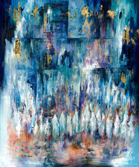 Ora Nissim - The Western Wall in Blue and Gold Lithography on fabric. Modern Judaica. Quality print on canvas. Manually Signed and numbered. 100 X 120 cm.