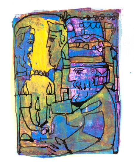 Uriel Cazes - At the temple. 2019 Original Art. Mixed Techniques. Acrylic and Ink on paper. Signed. 29.3 x 40 cm (The measures are for the original paper measures)