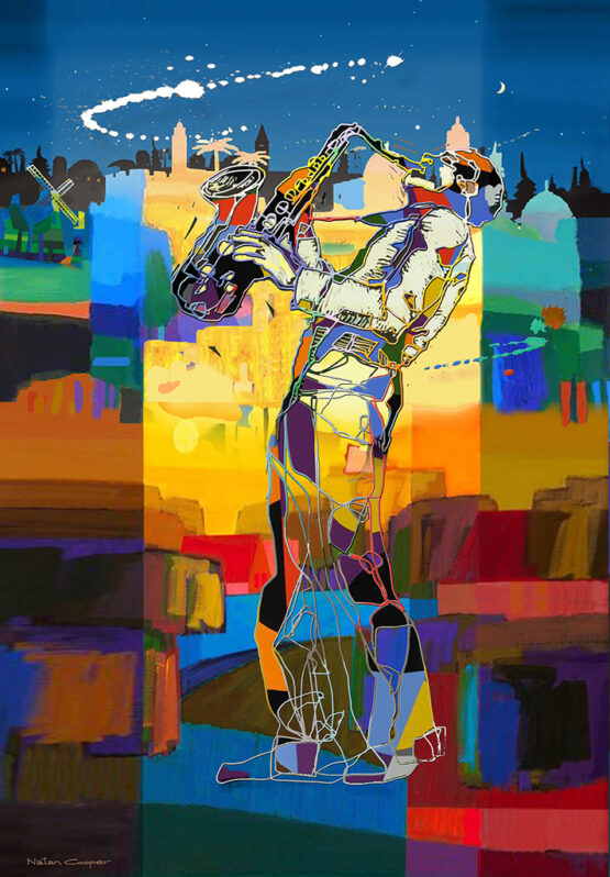 Natan Cooper. Saxophone. Semi - Original. Print based on the original work, the print is mostly painted in oil or acrylic paints with an original signature handcrafted by the artist, limited to one hundred prints, colors and exact size as original. 90 x 130 cm.