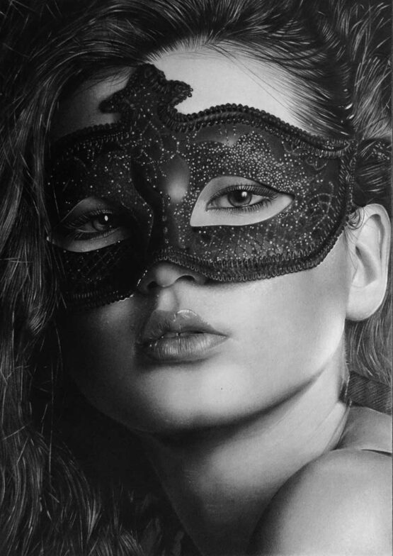Irsan Gregoire - MASK3 Original Art. PGraphite on Elve bristol.  8" x 11" (21 x 27.9 cm) 2017 The piece is in a matt black frame with glass. Comes with a certificate of authenticity UNIQUE HYPER REALISTIC ART Price upon request. Contact us at mail@israeliartmarket.com