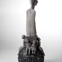 Edna Dali - A New Way Of Seeing Original Art. Ceramic. Hand sculpture. One of a Kind! Figures laying / sitting on a ball. 26 x 26 x 63 cm. Signed.