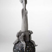 Edna Dali – A New Way Of Seeing. Original Art, Ceramic, Hand sculpture, One of a kind. Figures laying / sitting on a ball - L 26 x D 26 x H 63 cm. Signed.