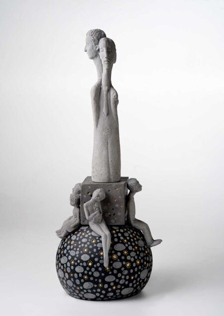 Edna Dali – A New Way Of Seeing. Original Art, Ceramic, Hand sculpture, One of a kind. Figures laying / sitting on a ball - L 26 x D 26 x H 63 cm. Signed.