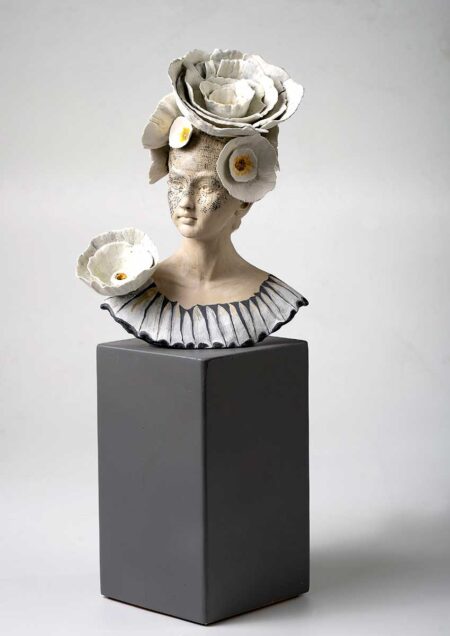 Edna Dali – In Full Bloom. Original Art, Ceramic & Porcelain, Hand sculpture, One of a kind, Wooden stand - L 30 x D 30 x H 64 cm. Signed