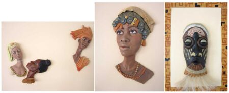 Edna Dali – Strong. Original Art, Ceramic, Mixed media, One of a kind. Three separate (3-D) pictures assembled as a Triptych. The figures are hand sculpted, glued on a wooden frames - L 124 x D 4 x H 50 cm. Signed.
