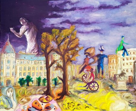 Cosmin Brendea - Picnic in Bucharest at the summer solstice.  2020 Original art. Oil on canvas. 60 x 70 cm. Signed.