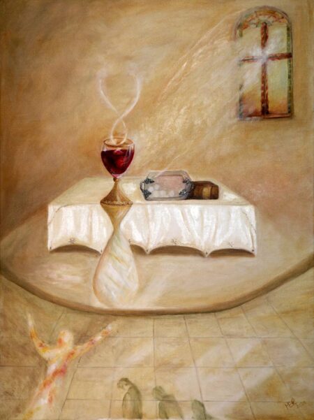 Ildikó Mecséri - Communion Original Art. Oil on canvas. 60 x 80 cm. Signed. This painting was inspired by the Lord's Supper, Communion. "Repent and be baptized, every one of you, in the name of Jesus Christ for the forgiveness of your sins. And you will receive the gift of the Holy Spirit." Act 2:38