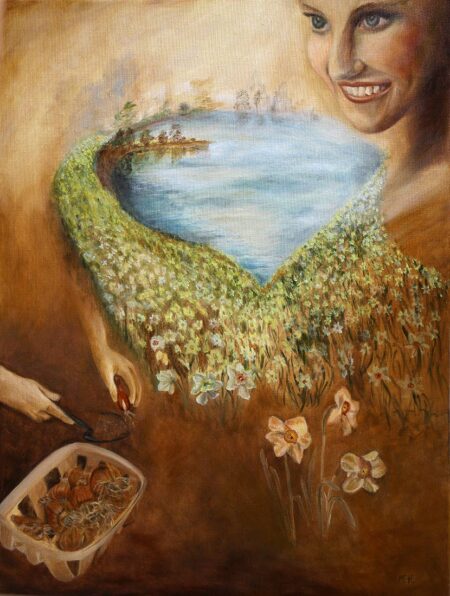 Ildikó Mecséri - Corona walkway Original Art. Oil on canvas. 60 x 80 cm. Signed. This painting was inspired by a lady who planted a Corona walkway with a Narcissus collection to mark the strange times of Covid pandemic lockdowns.