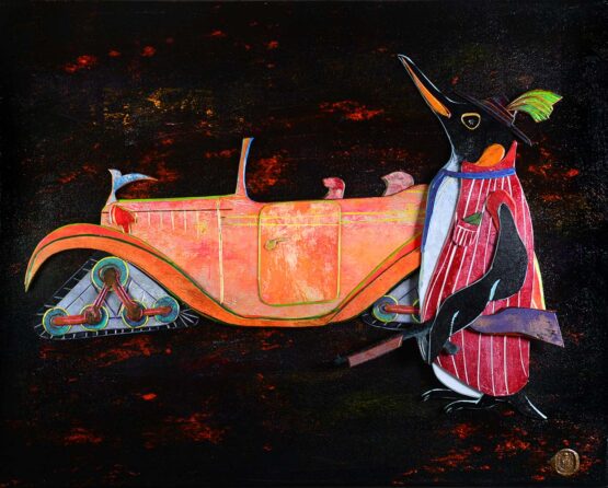 Igor Zusev - Gangster Penguin.  2020 Original Art. Acrylic on canvas, 40.64 X 50.8 cm. Signed. 