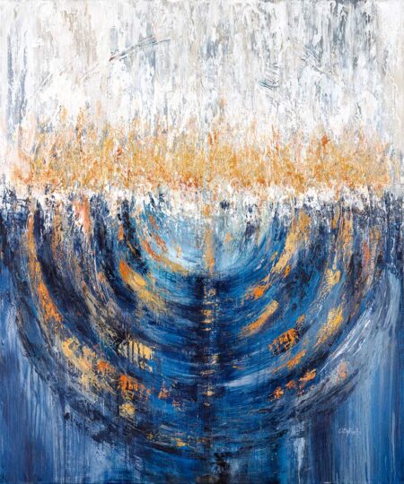 Gitty Fuchs - Blue Menorah - A Miracle Original Art. Acrylic Texture on Canvas, Gold Leaf. 35.5" x 38" / 90 x 97 cm . 2020. Signed.