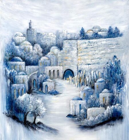 Gitty Fuchs - Jerusalem Yards (Blue) Original Art. Acrylic, Texture on Canvas. 51" x 47" / 120 x 130 cm . 2020. Signed.