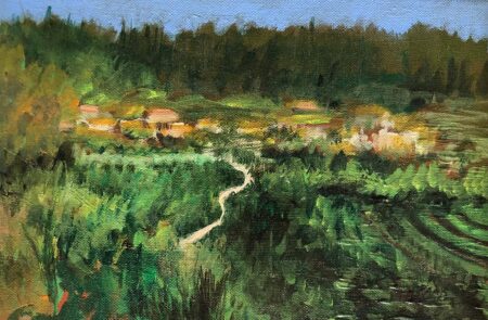 Leah Raab - Landscape with Path Original Art. Acrylic on canvas. 8" x 12" / 30.48 x 20.32 cm. Signed.