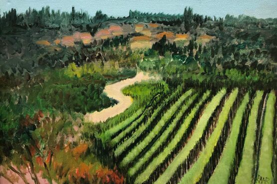 Leah Raab - Landscape With Winding Road Original Art. Acrylic on canvas. 8" x 10" / 25.4 x 20.32 cm. Signed.