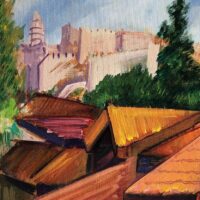 Leah Raab - Rooftops Overlooking Tower of David. Original Art. Acrylic on canvas. 10" x 14" / 25.4 x 35.56 cm. Signed.