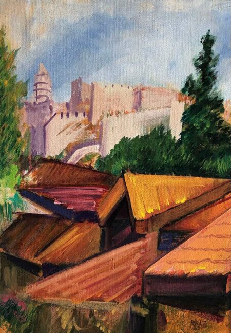 Leah Raab - Rooftops Overlooking Tower of David. Original Art. Acrylic on canvas. 10" x 14" / 25.4 x 35.56 cm. Signed.