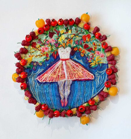 Nouli Omer - Jumping into the sky Original Art. Embroidery, Diameter 37 cm. Signed. 