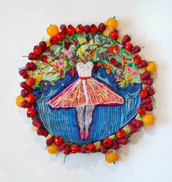 Nouli Omer - Jumping into the sky Original Art. Embroidery, Diameter 37 cm. Signed. 
