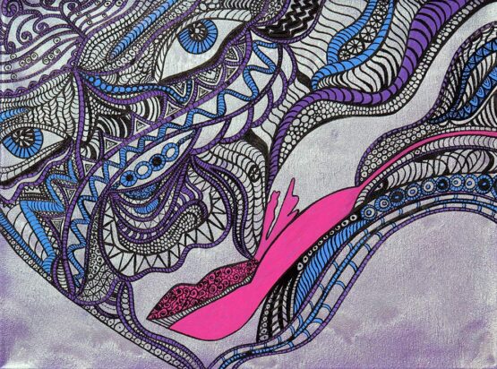 Bianca Turner - Lady octopus Original Art. Changing color oil spray, oil paint, and ink on wrapped canvas 31 x 41 cm. 2020