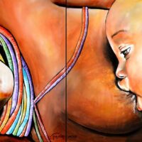 Irit Quatinsky - Mother and a child Original Art. Oil on canvas. 200 x 68 cm. Signed. In the painting, there is an amazing calm in the integrative connection between mother and son. The painting consists of two canvases that are connected to each other.