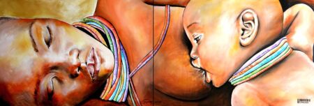Irit Quatinsky - Mother and a child Original Art. Oil on canvas. 200 x 68 cm. Signed. In the painting, there is an amazing calm in the integrative connection between mother and son. The painting consists of two canvases that are connected to each other.