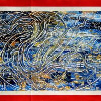 Vincent Keele - Orange and Blue Original Art. Acrylic on Acrylic on Unstretched Canvas. 2019. 22" H x 30" W x 0" D | 56 cm H x 76 cm W x .1 cm Signed.
