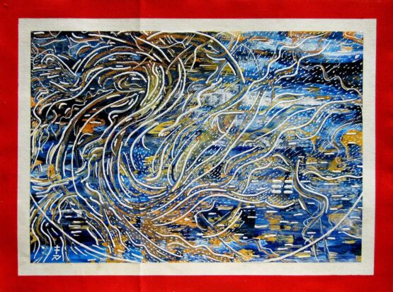 Vincent Keele - Orange and Blue Original Art. Acrylic on Acrylic on Unstretched Canvas. 2019. 22" H x 30" W x 0" D | 56 cm H x 76 cm W x .1 cm Signed.