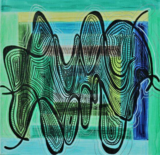 THE-NIMPHS-ARE-DANCING Bianca Turner - The nymphs are singing Original Art. Alcohol ink and Japanese ink on wrapped canvas 36 x 36 cm. 2020