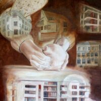 Ildikó Mecséri - Community bread Original Art. Oil on canvas. 60 x 80 cm. Signed. This painting was inspired by a baker who made sourdough bread at home from 200 kg of flour during the pandemic lockdown and gave it free to her relatives and friends as there was a yeast shortage.