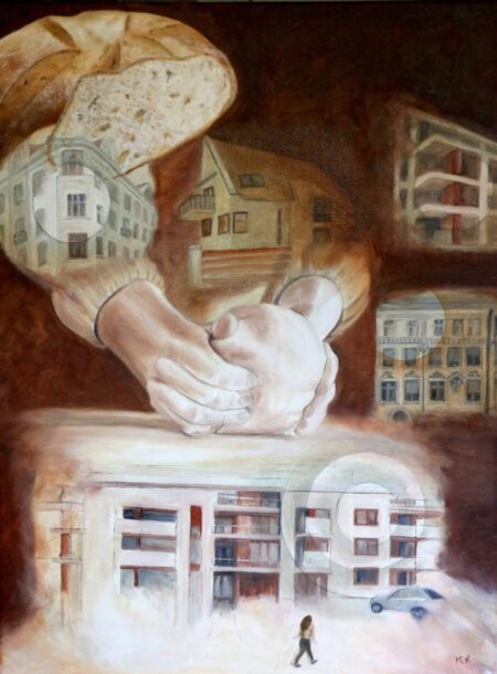 Ildikó Mecséri - Community bread Original Art. Oil on canvas. 60 x 80 cm. Signed. This painting was inspired by a baker who made sourdough bread at home from 200 kg of flour during the pandemic lockdown and gave it free to her relatives and friends as there was a yeast shortage.