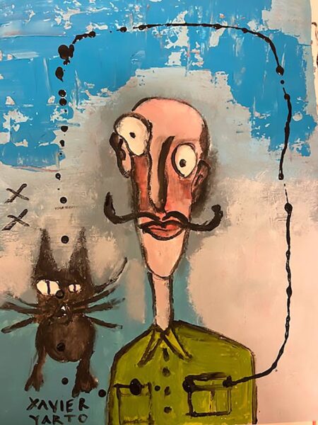 Xavier Yarto - The man with the long mustache and the black cat. 2020 Original Art. Mixed media on paper . 45 x 65 cm Signed.