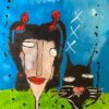 Xavier Yarto - The pretty girl with 2 ponytails and a cat named Keku. 2020 Original Art. Mixed media on paper . 50 x 70 cm Signed.
