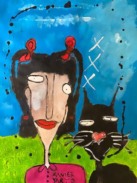 Xavier Yarto - The pretty girl with 2 ponytails and a cat named Keku. 2020 Original Art. Mixed media on paper . 50 x 70 cm Signed.