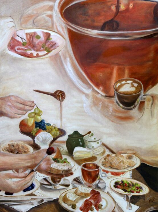 Ildikó Mecséri - Slow breakfast- COVID lessons. Original Art. Oil on canvas. 60 x 80 cm. Signed.  We can always find something to be grateful for. Even in these tough pandemic times, slow breakfast with our family can bring us beautiful and peaceful moments.