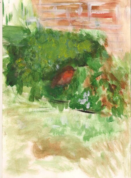 Angela Rose - Robin In Garden Original Art. Watercolor and acrylic on acrylic paper.  29.5 x 21 cm. Signed. 