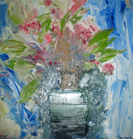 Angela Rose - Flowers In Green Pot Original Art. Oil On Canvas.  40 x 40 cm. Signed. 