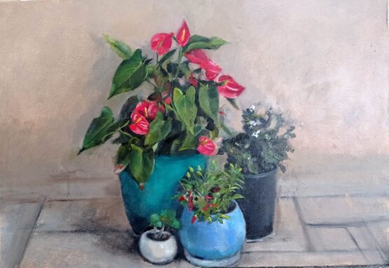 Tamar Dan - "Balcony pots" September 2020,  Original Art. 30 x 40 cm, Oil on wood, Signed.