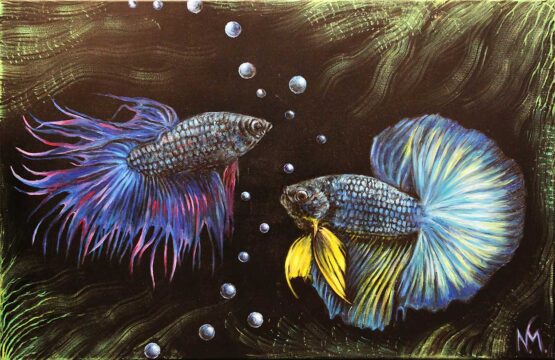 Natia Malazonia - Beautiful Betta Fish Original Art. Oil on canvas. 36 x 24 inch (92 x 61 cm). Signed.