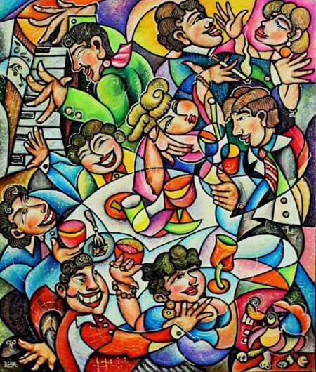 Reznikov Yosef- Colorful musical composition #38 - Evening party Original Art. Mixed media on canvas. Signed. 100 x 120 cm.
