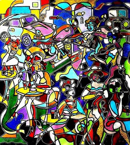 Reznikov Yosef- Colorful musical composition -Cafe- Original Art. Mixed media on canvas. Signed. 90 x 100 cm.
