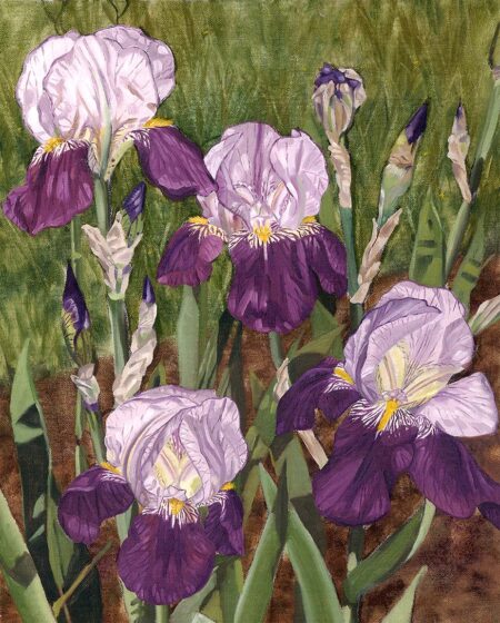 Rebecca Gabriel - Irises Original Art. Oil, pastel, mixed media on canvas. 20" x 16," 50.8 x 40.64 cm . Signed.