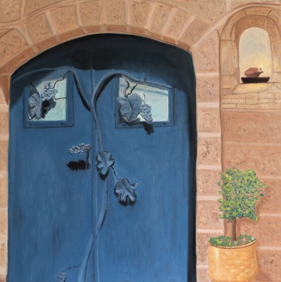 Ildikó Mecséri - Knock Original Art. Oil painting on canvas. 60 x 60 cm. Signed. This special door illustrates the message from the Bible because the grape symbolizes good fruit, and the oil lamp shows that the house of the owner is ready.: "Behold, I stand at the door, and knock: if any man hears my voice, and open the door, I will come into him and will sup with him, and he with me." Revelation 3:20