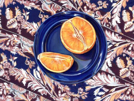 Rebecca Gabriel - Orange on Plate Original Art. Oil, pastel, mixed media on canvas. 12" x 16," 30.48 x 16 cm. . Signed.