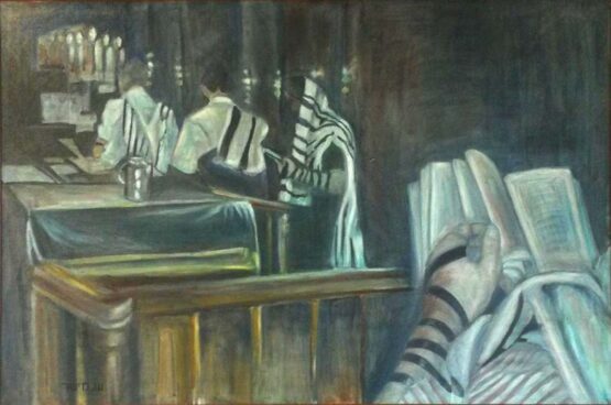 Shmuel (Sam) Meishar - The tzedaka box Original Art. Oil on canvas. 60.96 x 91.44 cm. Signed. 