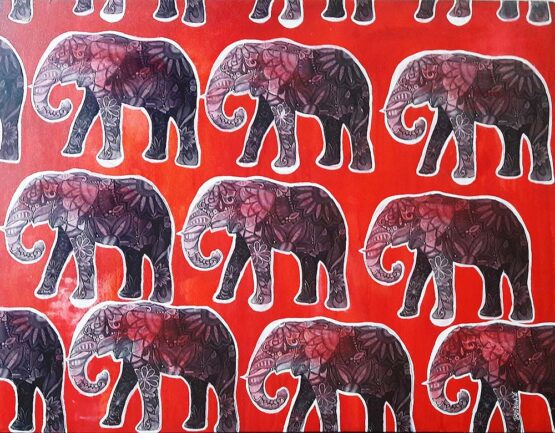 Trishna Patnaik - Elephant Regal Calling Original Art. Mix media on Canvas. 26 x 32 inch. 66.04 x 81.28 cm. Signed. 