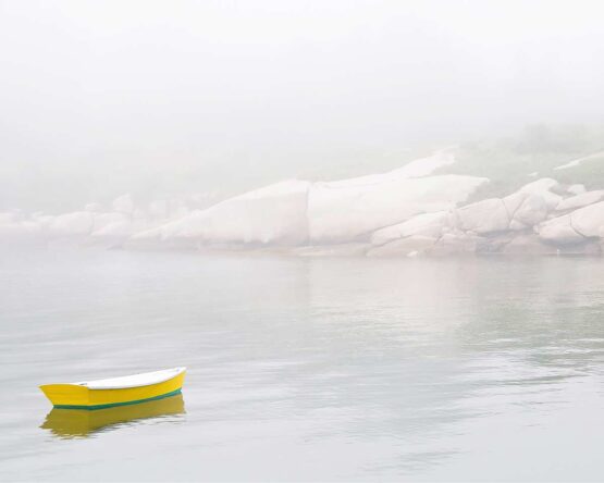 Maddi Ring - YELLOW BOAT Fine Art Photography. 30 x 40 inches. 76.2 x 101.6 cm This is a photograph taken with a Nikon DSLR while hiking on the coast of Maine. The bright yellow rowboat presented a wonderful contrast to the misty covered rocky shoreline. It is printed on aluminum (high gloss surface), is ready to hang, and will be hand-signed on a limited edition label on the back. A certificate regarding the print number and size of the edition (10) will be enclosed in the package. Other sizes are available on request.