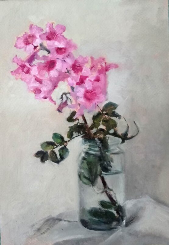 Tamar Dan - A branch blooming from the neighbor's fence, maybe pandora?  November 2020. 30 x 40 cm, Oil on Paper. Signed. 